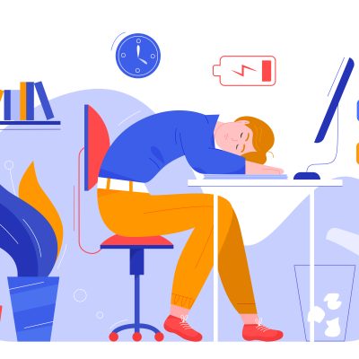 Professional burnout character flat vector illustration business concept. Overworked tired boy needs overload and sleeping at computer. Time management, deadline, freelancer, frustrated worker